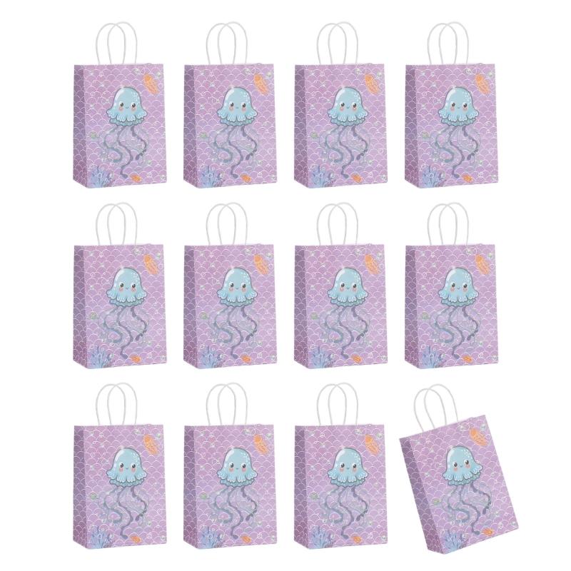 12pcs Mermaids Print Paper Gift Packaging Bag Ocean Themed Party Favors Bags with Handle Holiday Celebration Supplies