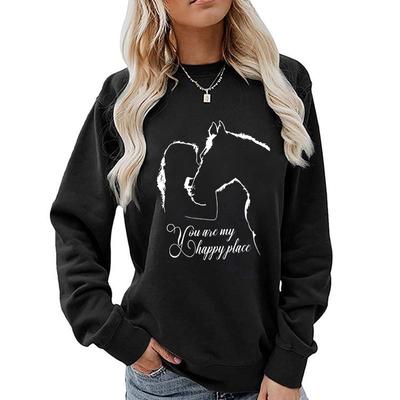 Sweatshirt mit Aufdruck „You Are My Happy Place“ mit lustigem Pferd und Mädchen, Herbst-/Winter-Fleece, langärmelig, Rundhalsausschnitt
