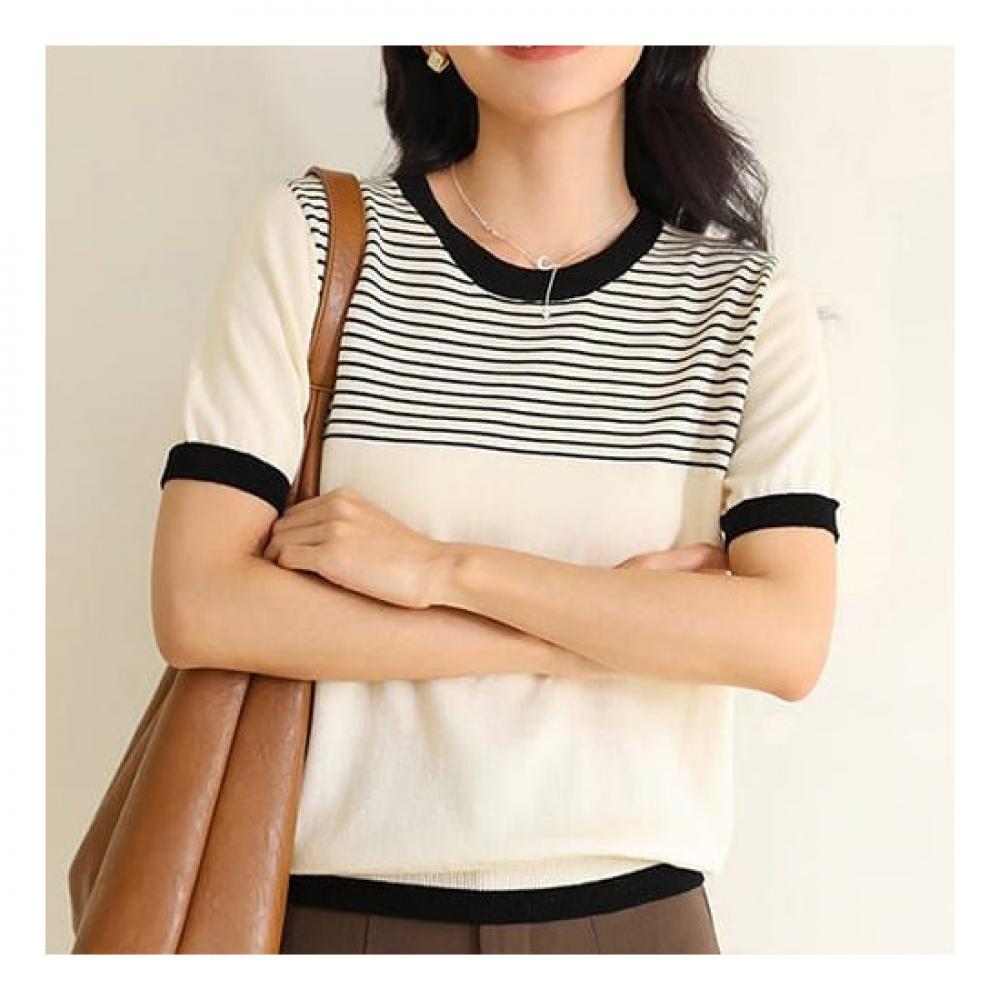 Navava Nk2064 Stripe Point Short Sleeve Knit