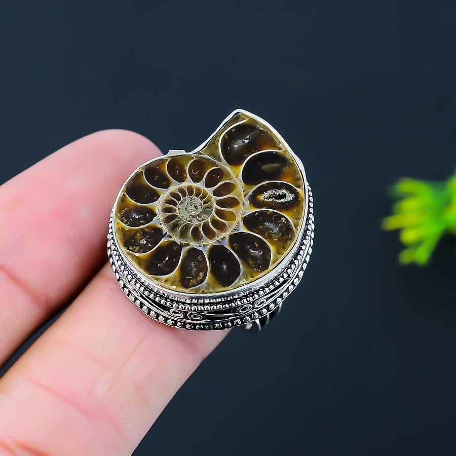 Ammonite Fossil Gemstone Handmade 925 Sterling Silver Jewelry Ring Size 6 H1e82