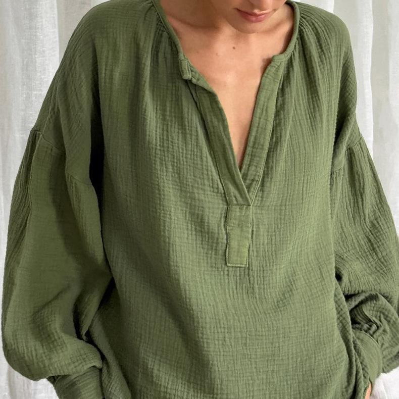French lantern sleeves loose casual pure cotton crepe shirt 1116 European and American autumn fashion new top women
