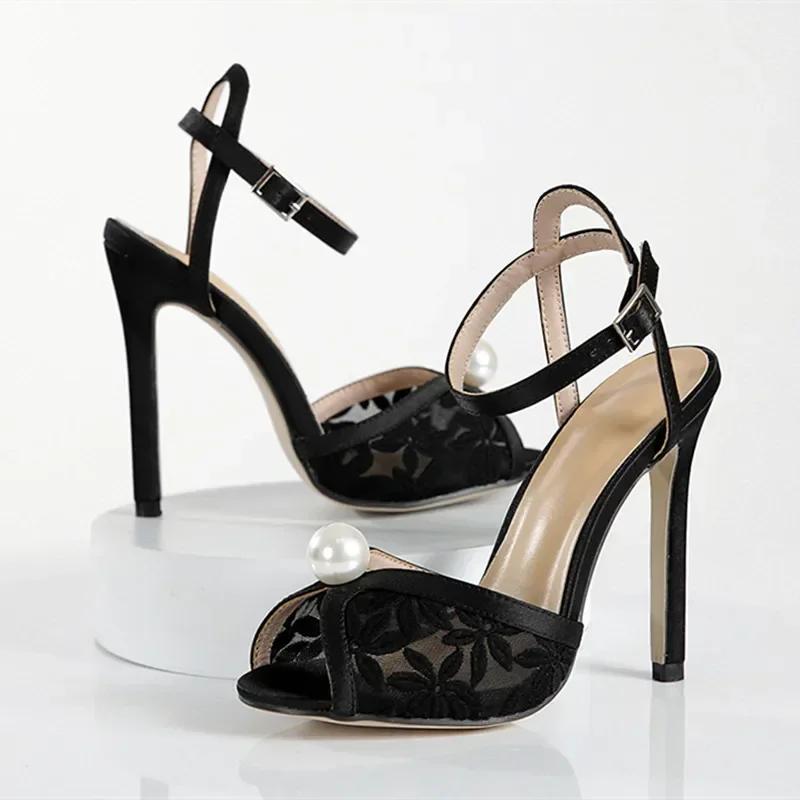 Fashion Luxury String Bead Open Toe Sexy Lace Sandals Women Ankle Buckle Strap Stiletto Heels Party Prom Shoe Summer Pumps Zapatos Mujer