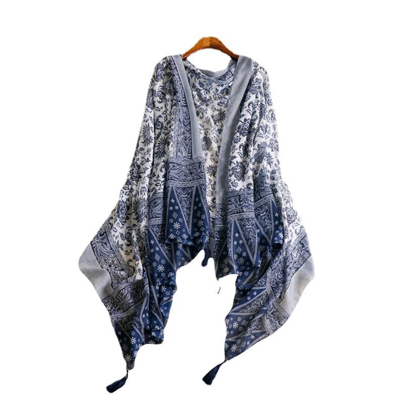 European and American Fashion Without Label Cutting, Elegant Blue and White Porcelain Sunscreen Silk Scarf, Fringed Cotton and Linen Scarf, Women's El