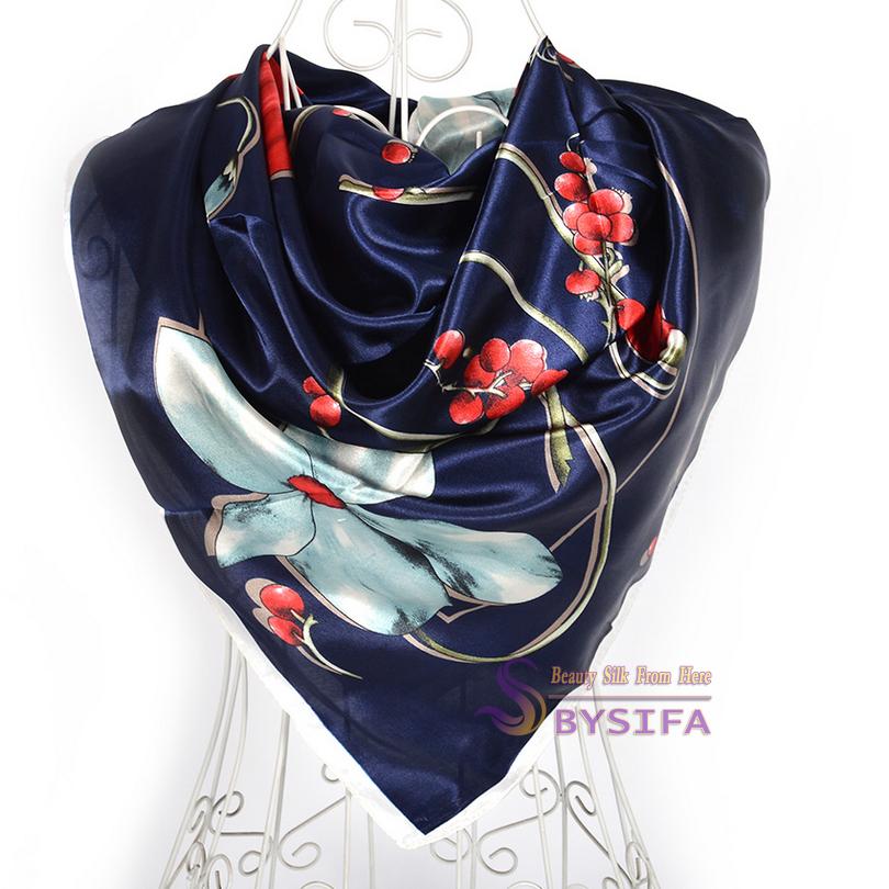 [BYSIFA] Winter Navy Blue Silk Muffler Imitated  New Design Paisley Silk Scarves Wraps 90*90CM Ladies Brand Satin Scarf Cape