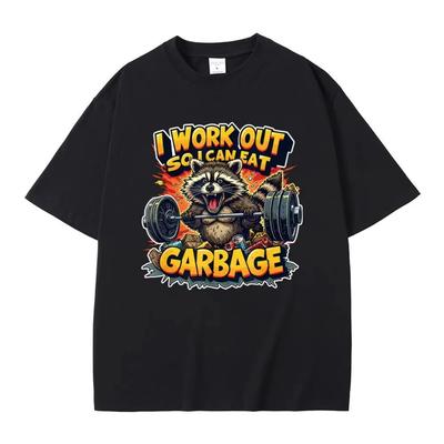 Je m'entraîne pour pouvoir manger de la malbouffe Raccoon de la salle de sport T-shirt Meme Drôle Hommes Femmes Décontracté Humour T-shirts Homme Vintage Oversized T-shirts