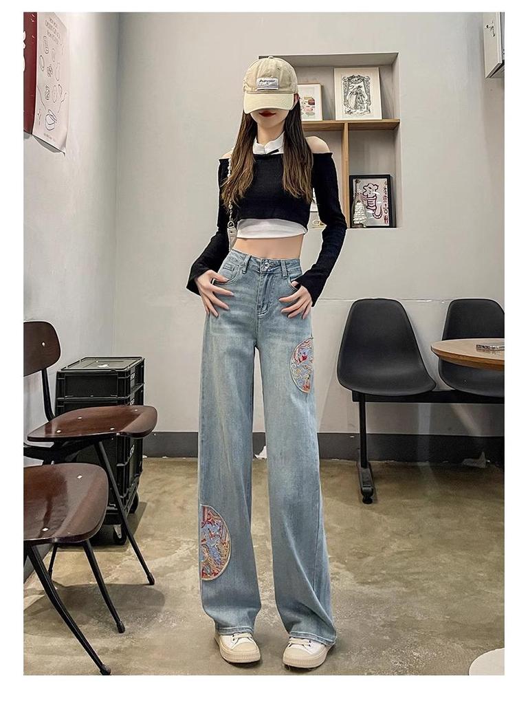Women's Spring Wide-Leg Jeans with Chinese-Style Embroidery - High Waist, Light Color, Slim Fit