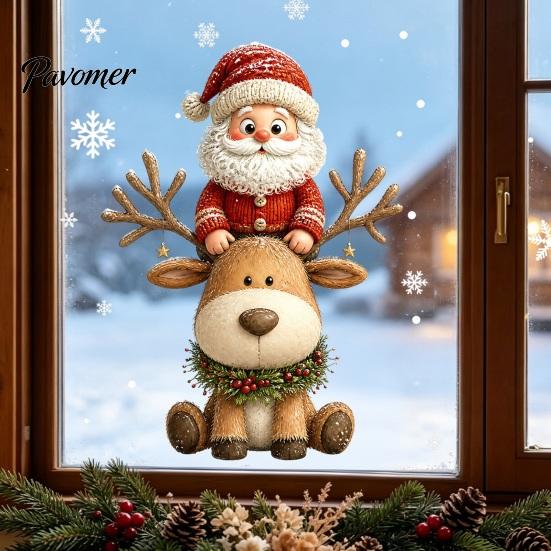 Wasserdichte PVC-Fensterfolie Weihnachtsklebefolie, Nikolaus und Rentier Aufkleber, Statische Festliche Wohnkultur Glasaufkleber für Feiertagsshop Türen