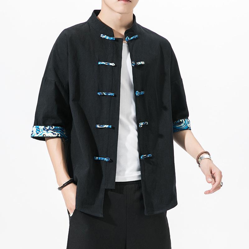 Mens Black Chinese Style Frog Button Tang Suit Jacket with Red Wave Trim