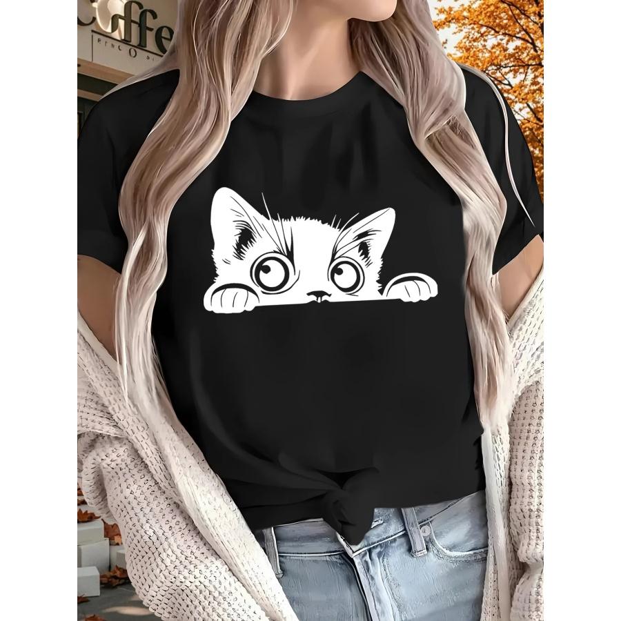 Cute Cat Pattern Printed T-shirt Casual Short Sleeve Round Neck Top Comfortable Daily Fashion Women's Summer Clothing