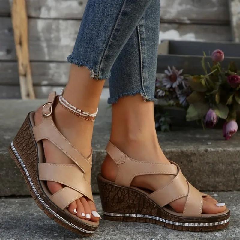 Fashion Wedge Sandals for Women Summer 2024Casual Non-slip Peep Toe Platform Shoes Rubber Sole Buckle Elegant Heel Woman Sandale