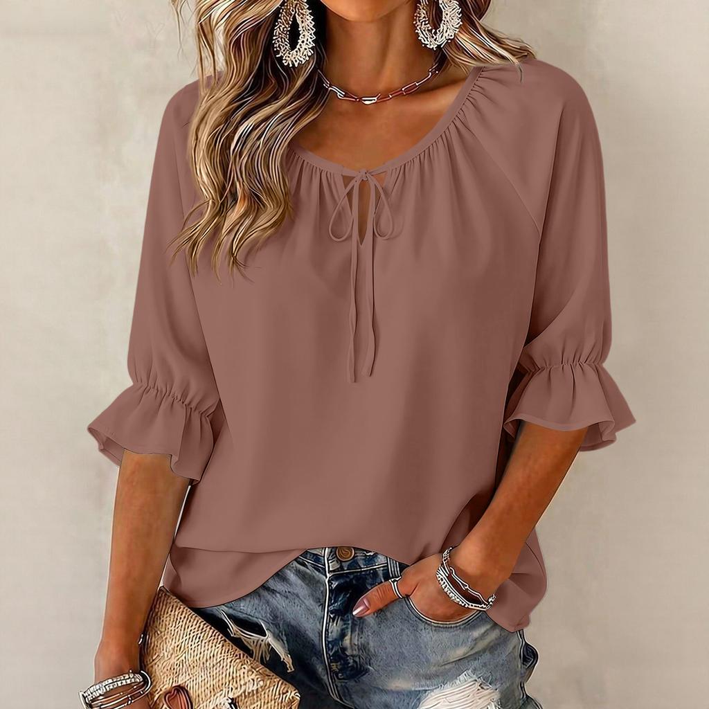 Women's Fashion Color Round Neck Tie Ruffle Three Quarter Sleeve Blouse for Casual Wear