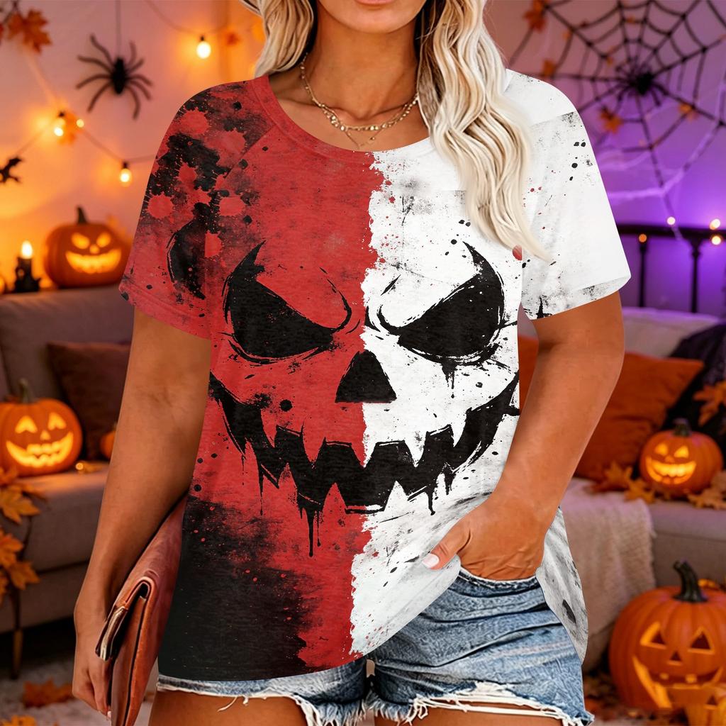 Women's Plus Size Casual Short Sleeve Neck T-Shirt with Halloween Print