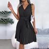 Chic Women's Summer Sleeveless Cross V Neck High Waist Lace Up Solid Color Temperament Fashion Spring Dress
