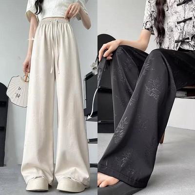 Women Elegant Summer Satin Chinese Style Straight Pants Streetwear Vintage Wide Leg Pants Casual Loose High Waist Trousers
