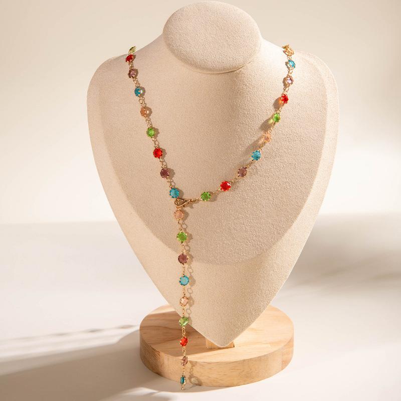 Accessories Colored Crystal Metal Collarbone Necklace, Long Imitation Pearls Stacked On Top of Each Other, Wearing Y-shaped Necklace Women