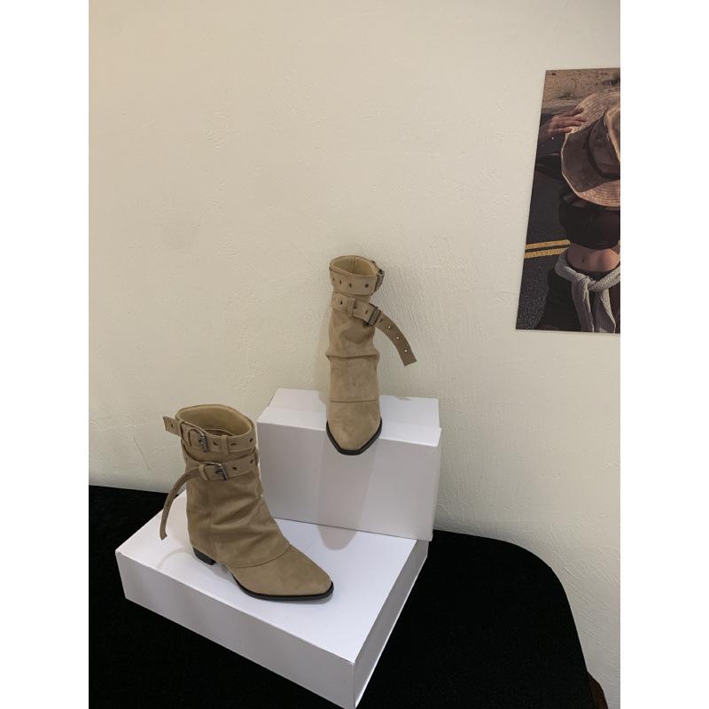 

2025 Autumn and Winter Knight Boots American Spice Girls Belt Buckle Pant Boots Short Boots Women s Boots Western Boots Women s Short Boots 39 хаки