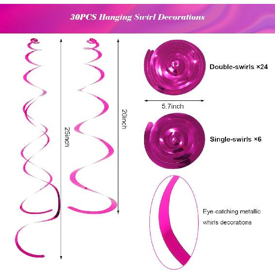 Fumwase 30 PCS Party Swirl Decorations Hot Pink Shinny Foil Hanging Swirl Decorations with Double-Swirls and Single-Swirls Plastic Streamer for