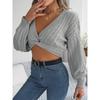 Autumn/winter Sexy Casual Knotted V-neck Lantern Sleeve Crop Sweater