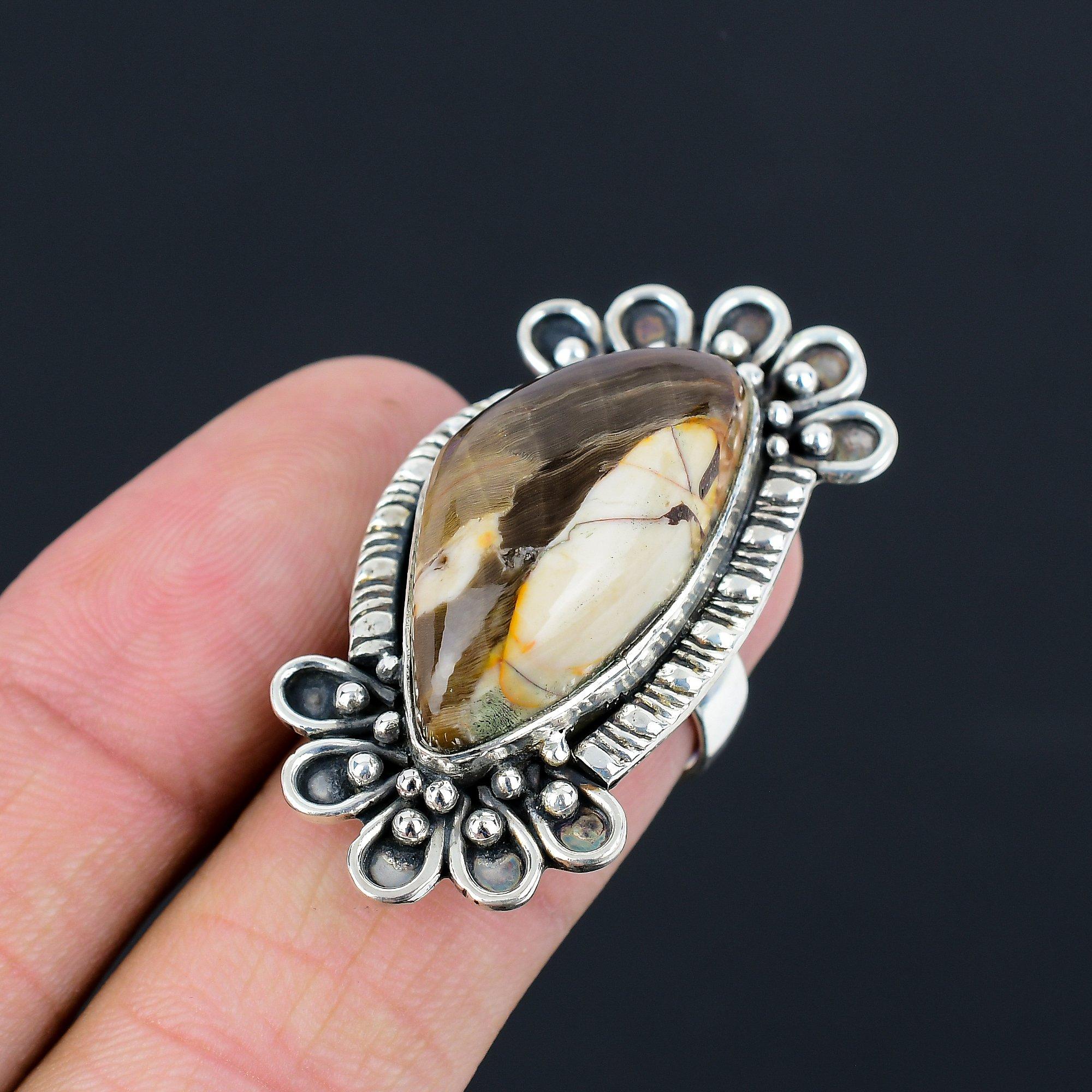 925 Sterling Silver Trillion Peanut Wood Jasper Stone Solitaire New Ring US 7 7