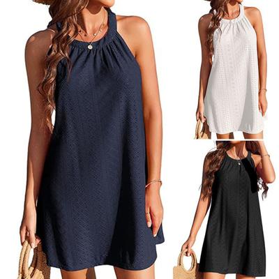 Vestido feminino oco solto férias ombro sólido sem mangas crochê fora de cor plissado praia vestido de verão