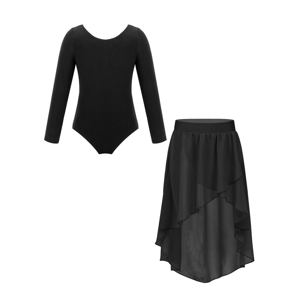 Girls Ballet Dance Practice Performance Long Sleeve Leotard High Low Elastic Waistband Chiffon Skirt Outfit