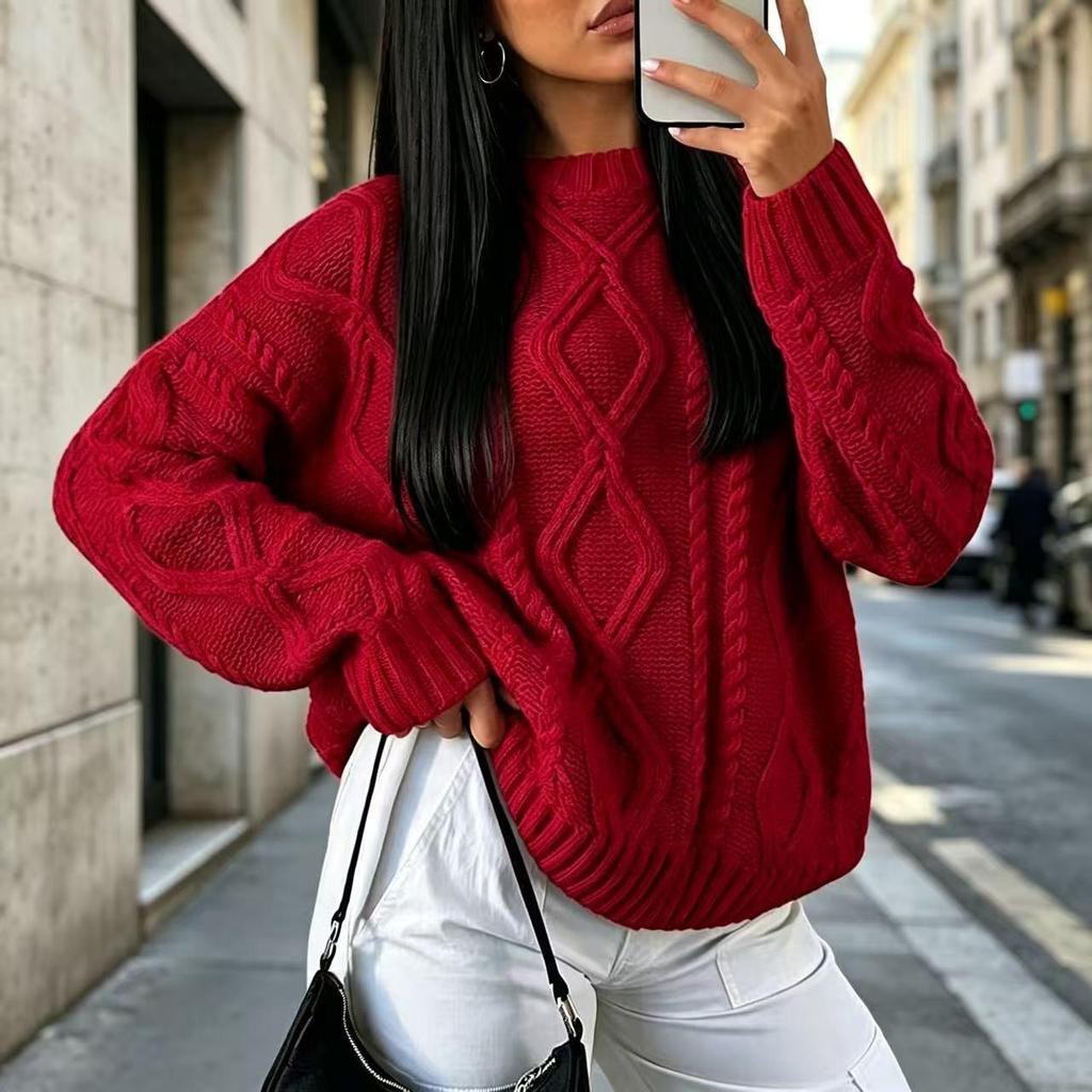 Autumn/Winter Women's Trendy Loose Knitwear: Solid Color Round Neck Cable Knit Sweater