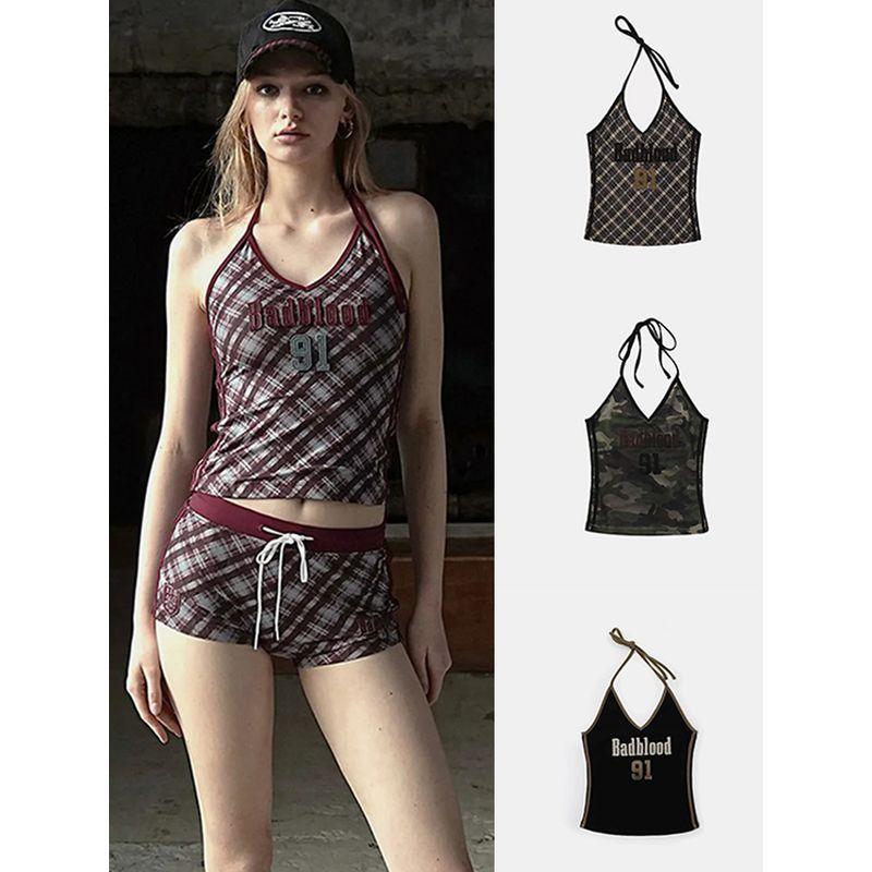 South Korea Badblood American Gyaru Plaid Vest Sling Women Niche Retro Sexy Street Embroidery Top Tide