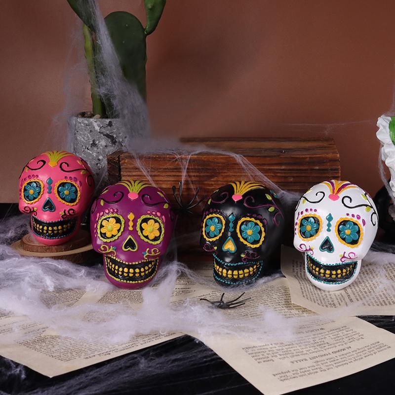 Day of the Dead Resin Painted Skull Head Statue Creative Decorative Ornament for Festive Commemorative Statue