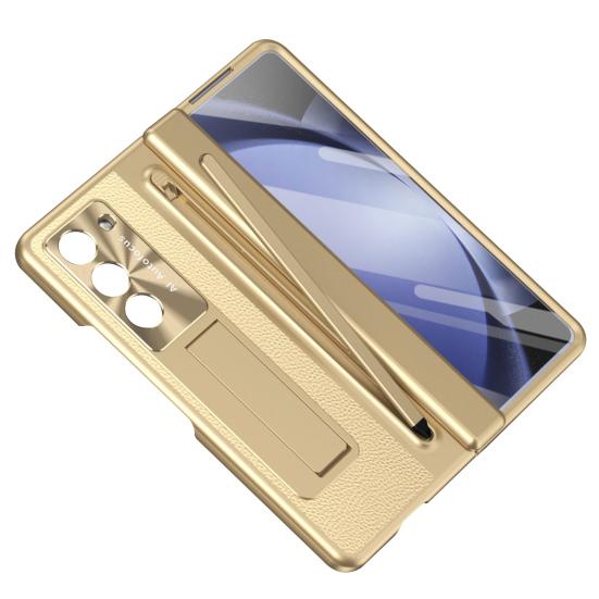 Phone Case for Samsung Z Fold 6 PC Shell with Pen Slot Spring Hinge Protection & Integrated Kickstand Full-Body Cover with Tempered Glass Screen Guard