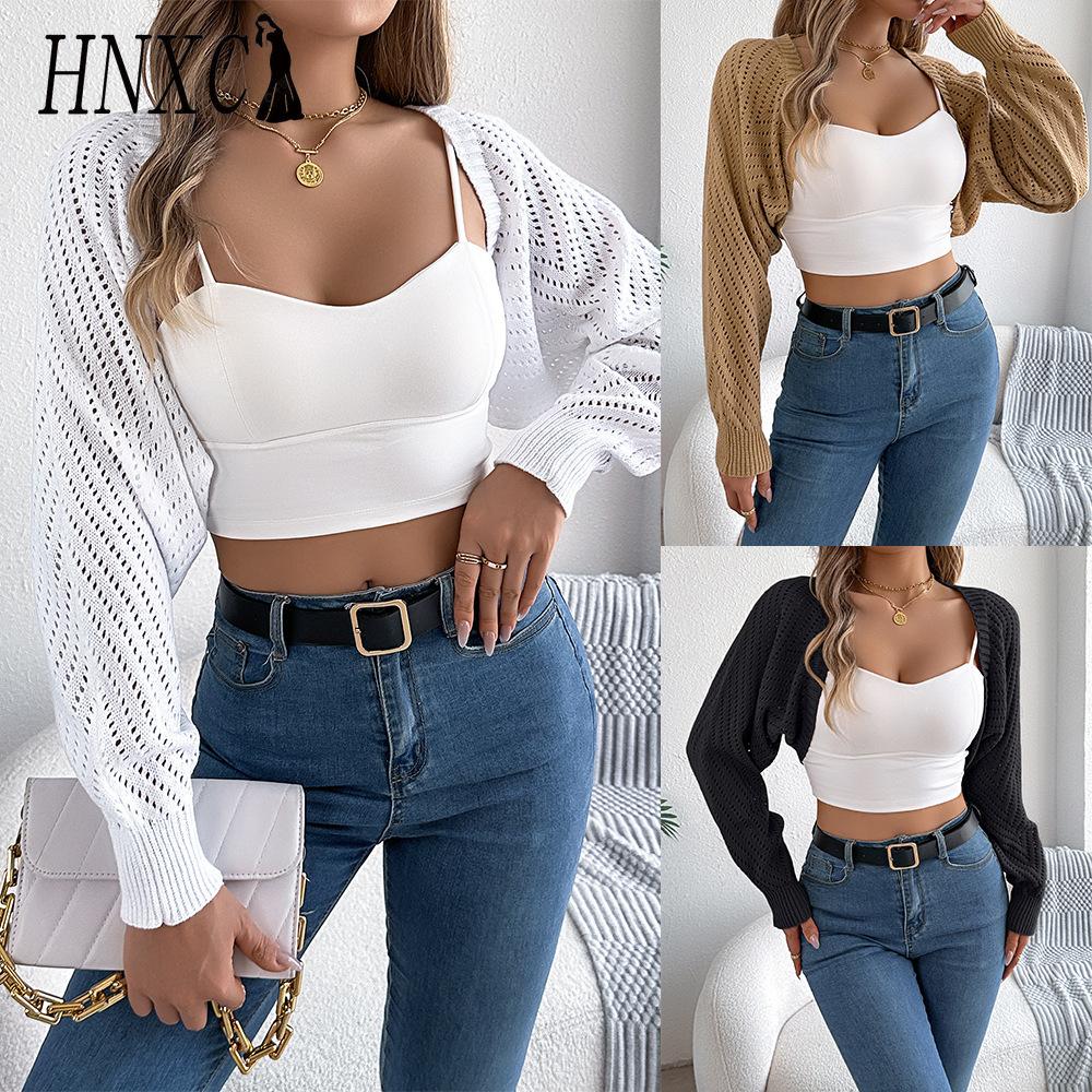 HNXC Autumn and Winter Casual Solid Color Hollowed-out Lantern Sleeve Shawl Sweater Jacket Women's Wear