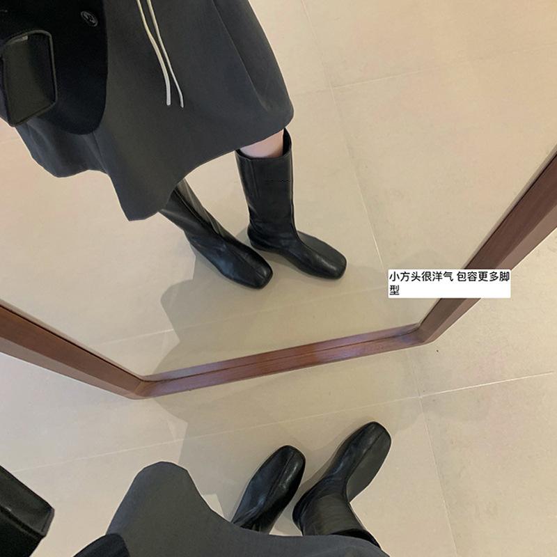 Cowhide Version~ Grape Ma with the Same Inner Height Increase of 4cm Versatile Square Round Head Flat Bottom Height Increase Boots Medium Tube Kni