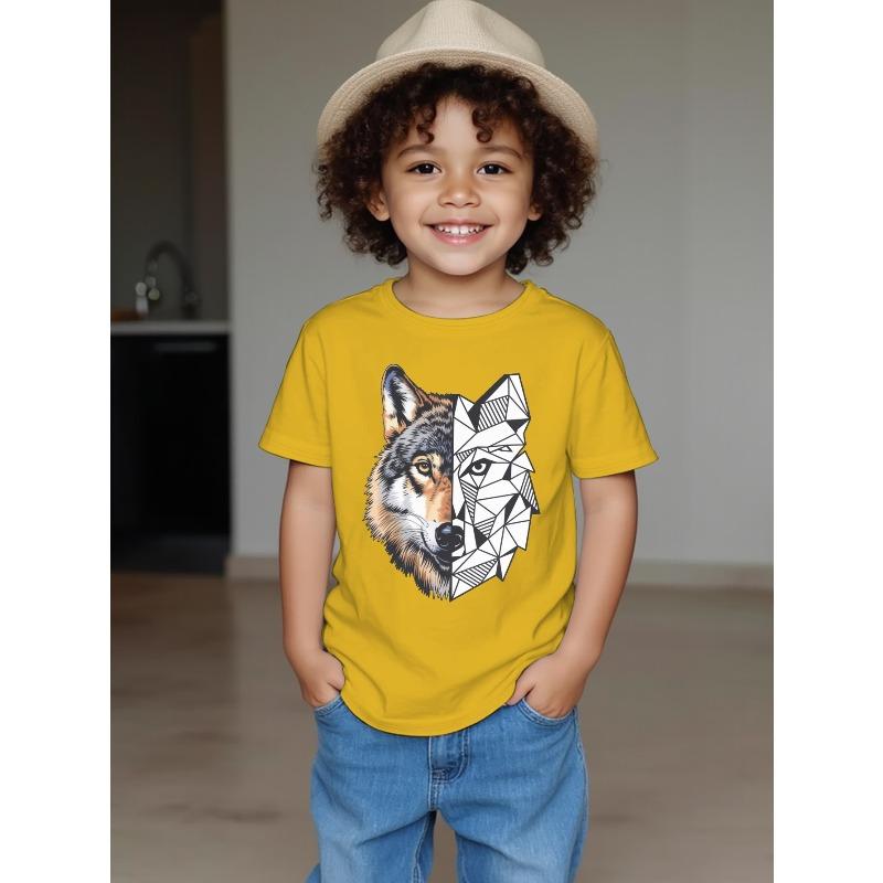 European Size Boys Round Neck Short Sleeved T Shirt with Mechanical Werewolf Pattern