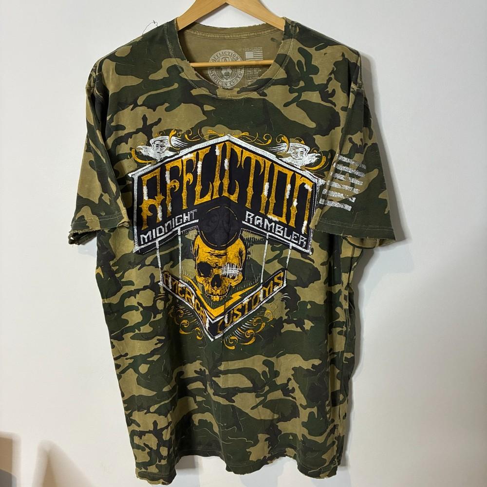 Koszula Affliction Męska XXL 2XL Zielona Kamuflaż Zniszczona Dwustronna Wyprodukowano w USA Unisex Koszulka Graficzna Koszulka