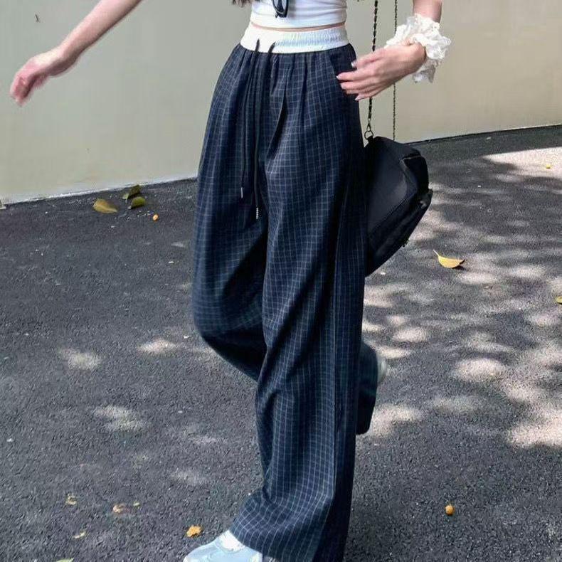 Women's Spring-Summer High-Waist Plaid Wide-Leg Pants - Korean Style Casual Sports