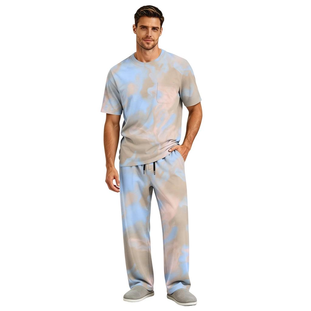 Men's Home Pajama Set, Short Sleeve Top and Long Pants with Button Fly and Drawstring Waist