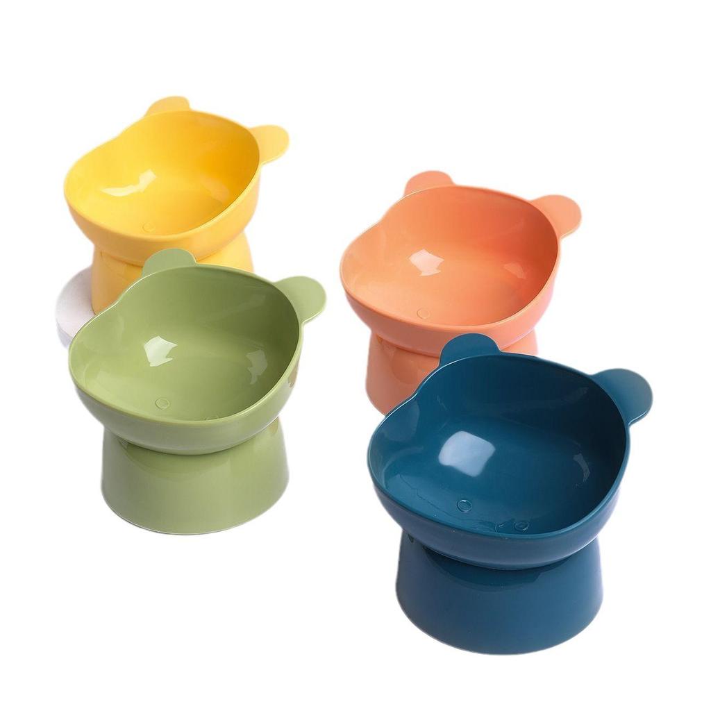 Pet Cat Bowl with Slanted Mouth and Anti-Overturn Design, High Foot, Elephant Leg Neck Protection, Cute Plastic, Four Colors.