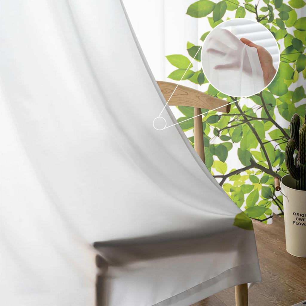 Light Filtering Green Branches Plant Leaves Tulle Curtains Living Room Bedroom Decoration Transparent Chiffon Voile Window Curtain Polyester Washable