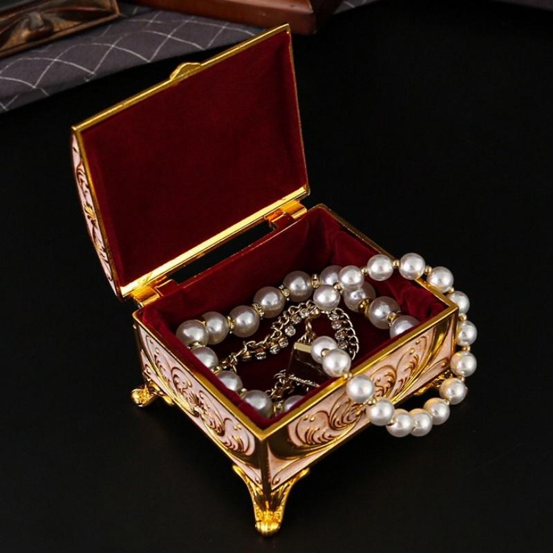 European Style Mini Jewelry Storage Box Necklace Organizer Inlaid Gem Alloy Bracelet Storage Jar Dresser Display Couple Gifts
