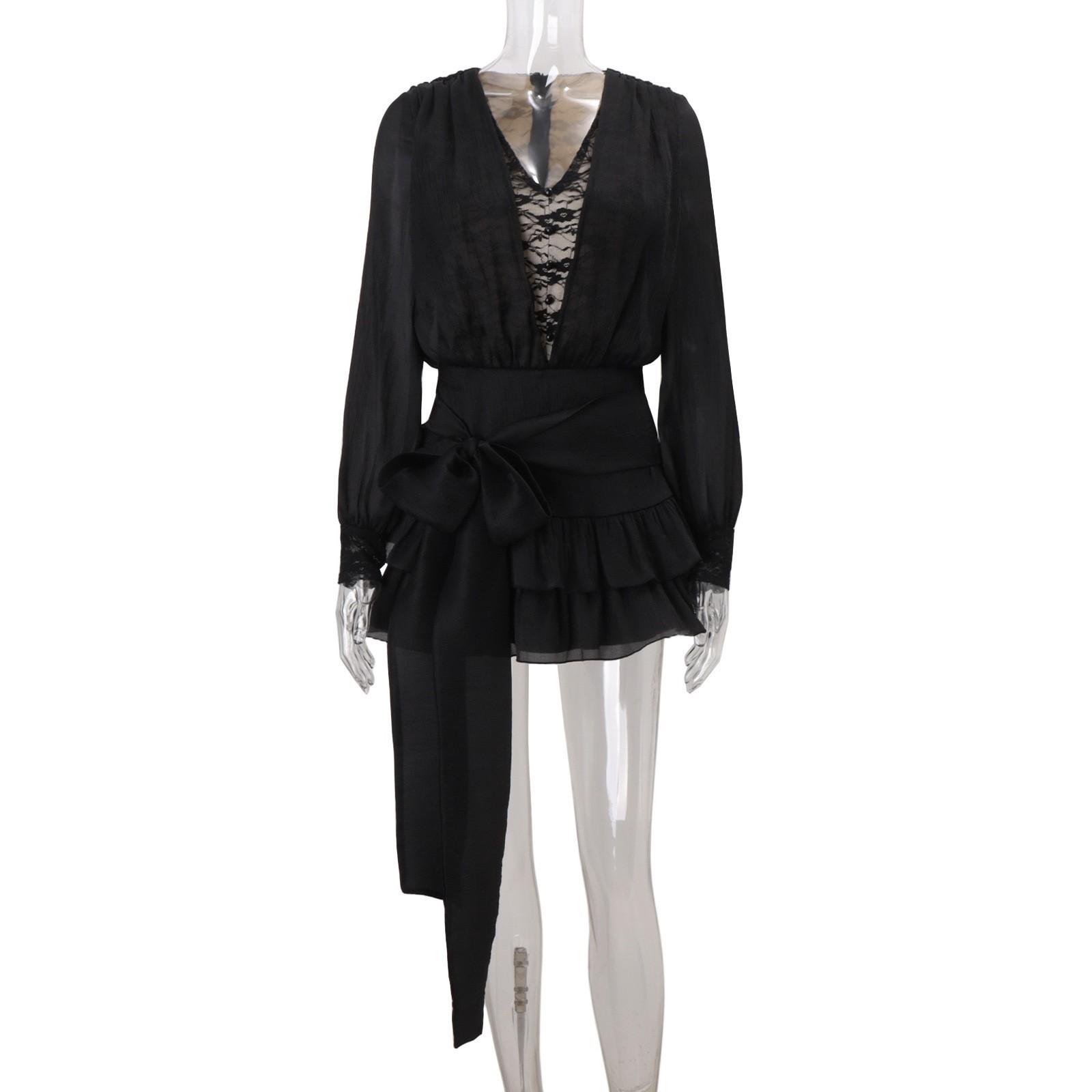 

European and American style autumn new French pure lace splicing short dress sexy fashion V-neck long-sleeved dress S чёрный
