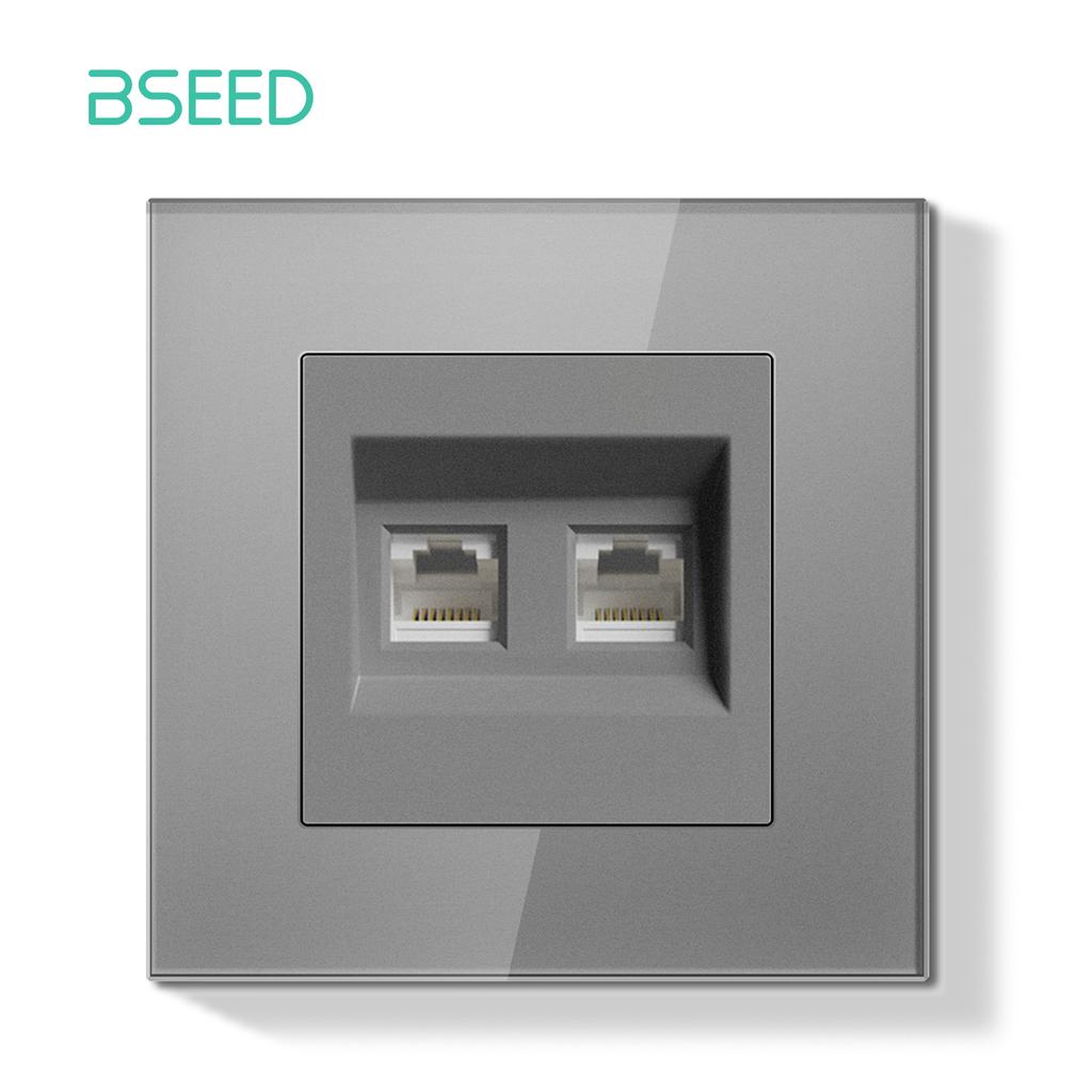 BSEED Dual Internet Sockets Single CAT6 Wall Socket EU Power Sockets Plus Network Data Computer Connecter Outlets Glass Panel