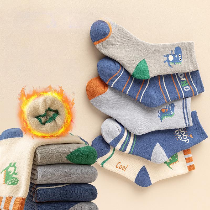 5Pairs Children Winter Ultra Thick Terry Socks Less Restrained On Legs Decked Out Athletic Socks White Dinosaur  1-16Years