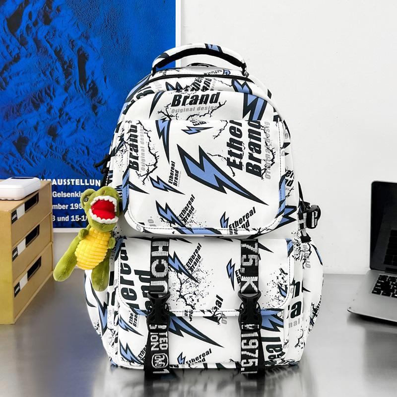 Schoolbag Japanese ins Street Lightning Personality Graffiti Backpack Trendy Cool Handsome Teen Boys Strong Durable Backpack
