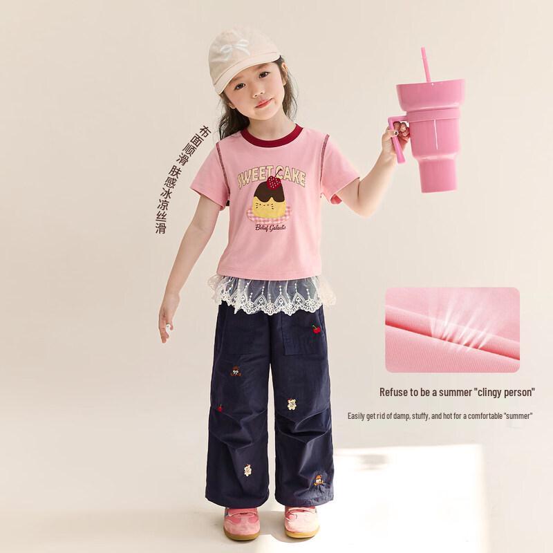 LUSON Girls' Cartoon Color-Block Short Sleeve T-Shirt