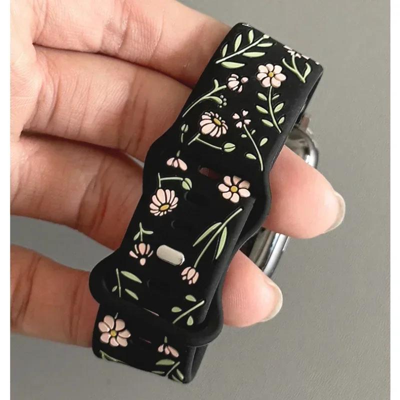 New Floral Engraved Bracelet For Apple Watch Band 44mm 42mm 41mm 40mm 45mm 49mm 46mm Correa Iwatch Series 10 9 7 SE 6 8 Ultra