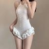 Lotus Leaf Lace One-piece Swimsuit with French Pearl Decoration for Slimming Soaking In Hot Spring Swimsuit