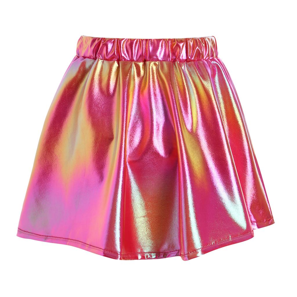 Girls Metallic Shiny Dance Skirt Elastic Waist A Line Miniskirt for Cheerleading Stage Performance