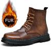 Moda Pelle Screpolata Stivali Denim Stringati da Uomo Vera Pelle Scarpe Casual Inverno Velluto Stivali da Moto Fondo Spesso Stivali Caldi da Uomo