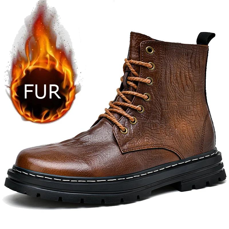 Moda Pelle Screpolata Stivali Denim Stringati da Uomo Vera Pelle Scarpe Casual Inverno Velluto Stivali da Moto Fondo Spesso Stivali Caldi da Uomo