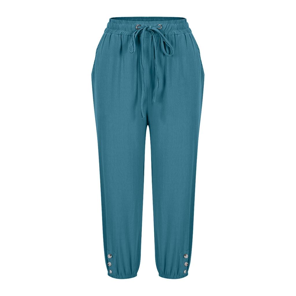 Women's Solid Color Pants With Elastic Waistband Loose Button Pants Legs Casual Pants