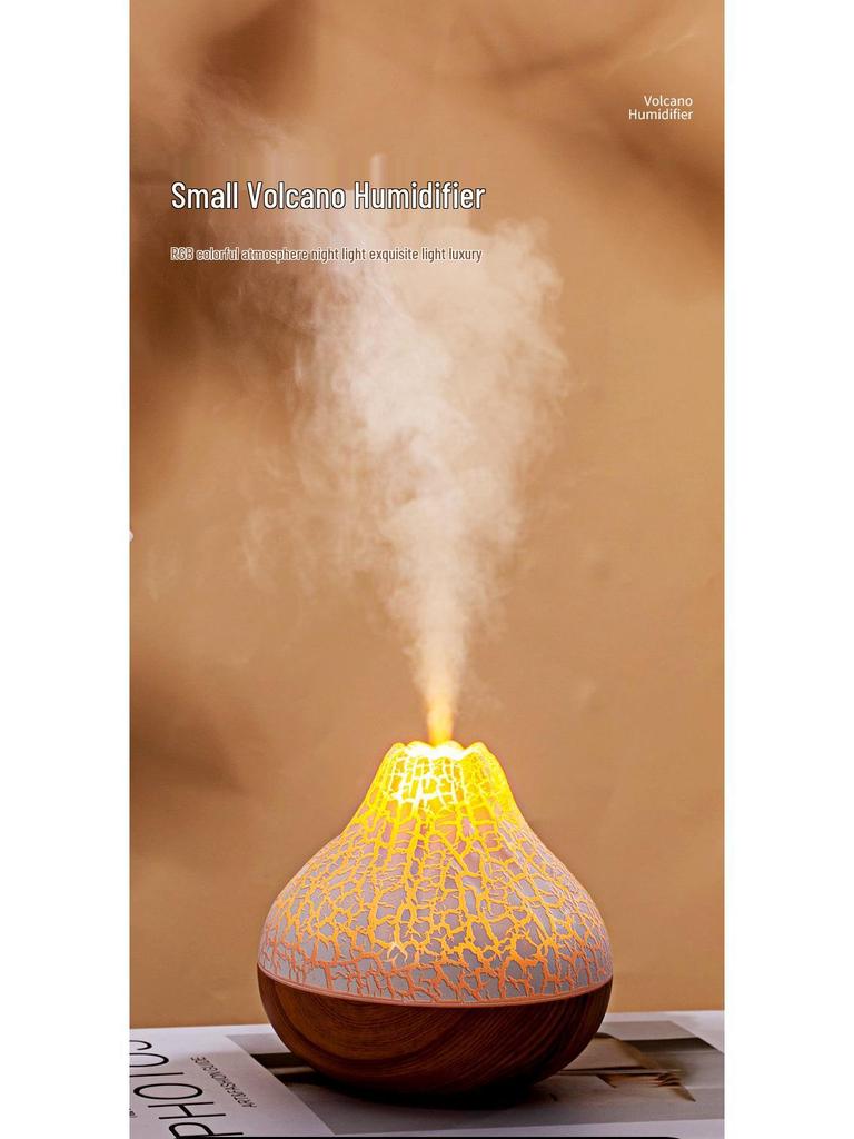 USB Wood Grain Mini Volcano Humidifier with LED Flame Effect - Large Mist & Night Light